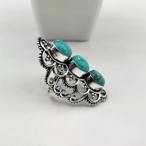 Sterling Silver Beautiful Turquoise 925 Sterling Triple Gemstone Women Ring - Picture 2 of 3